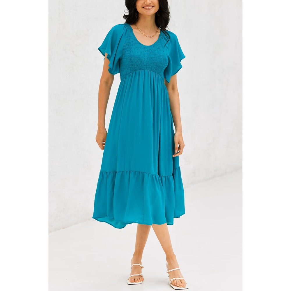 Cupshe NWT Teal Smocked Flutter‎ Sleeve Midi Dress Womens Medium Resort Vacation